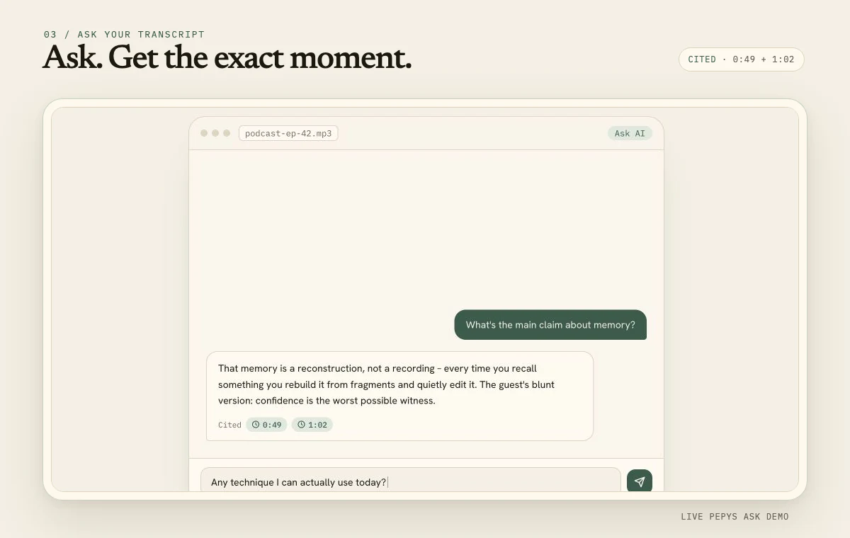 Pepys Ask showing an answer with clickable transcript timestamps