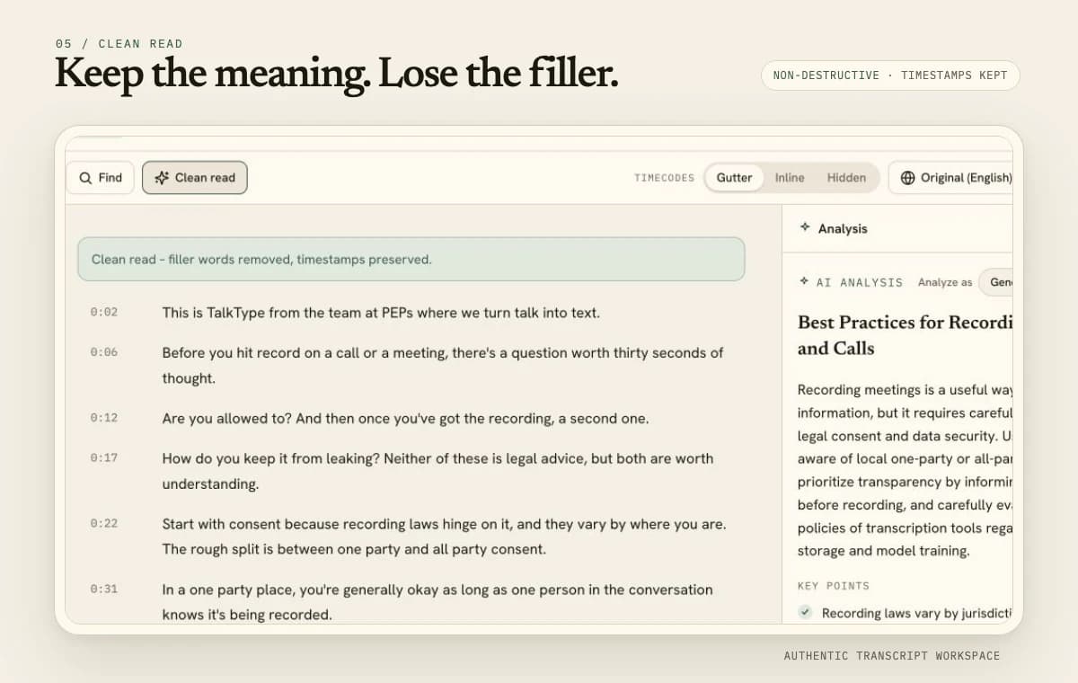Pepys transcript editor showing Clean read beside timestamped transcript lines