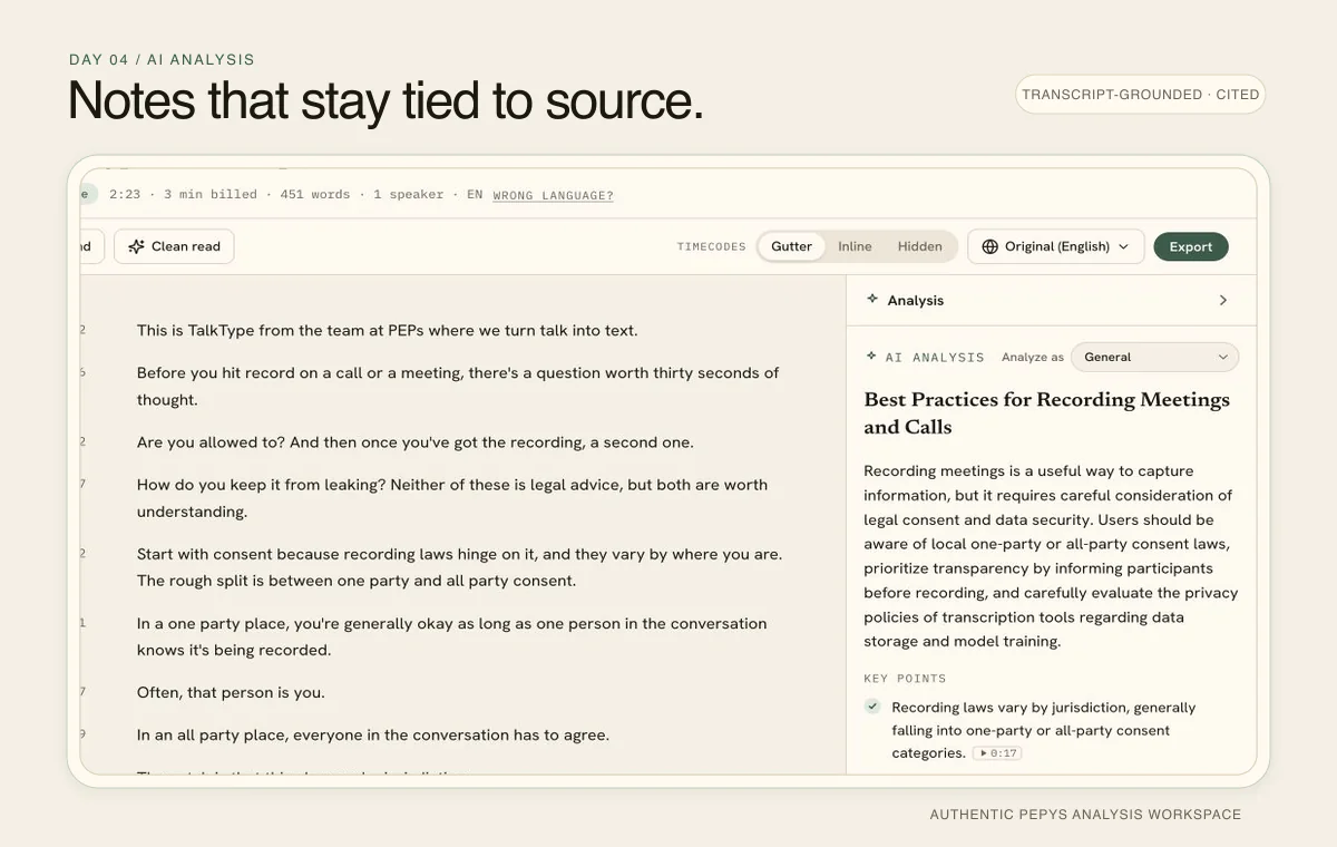 Pepys workspace with a readable transcript and AI analysis beside it