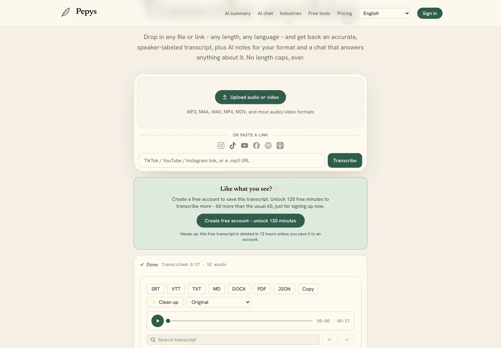The Pepys AI panel turning a meeting transcript into a summary, key points, and an Ask box for follow-up questions