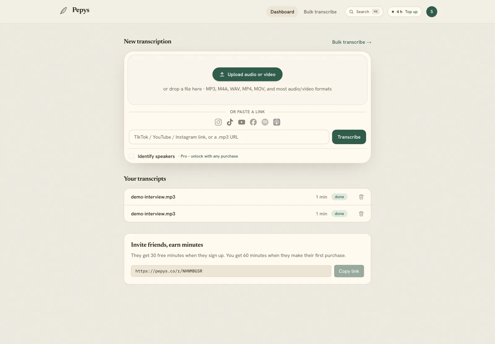 The signed-in Pepys dashboard showing your saved transcripts and the uploader, where each transcript stays until you choose to delete it.