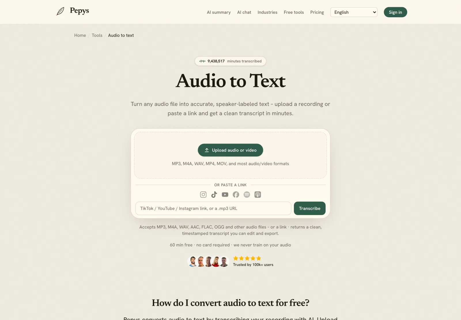 Uploading an interview recording to Pepys to transcribe – drop a file or paste a link