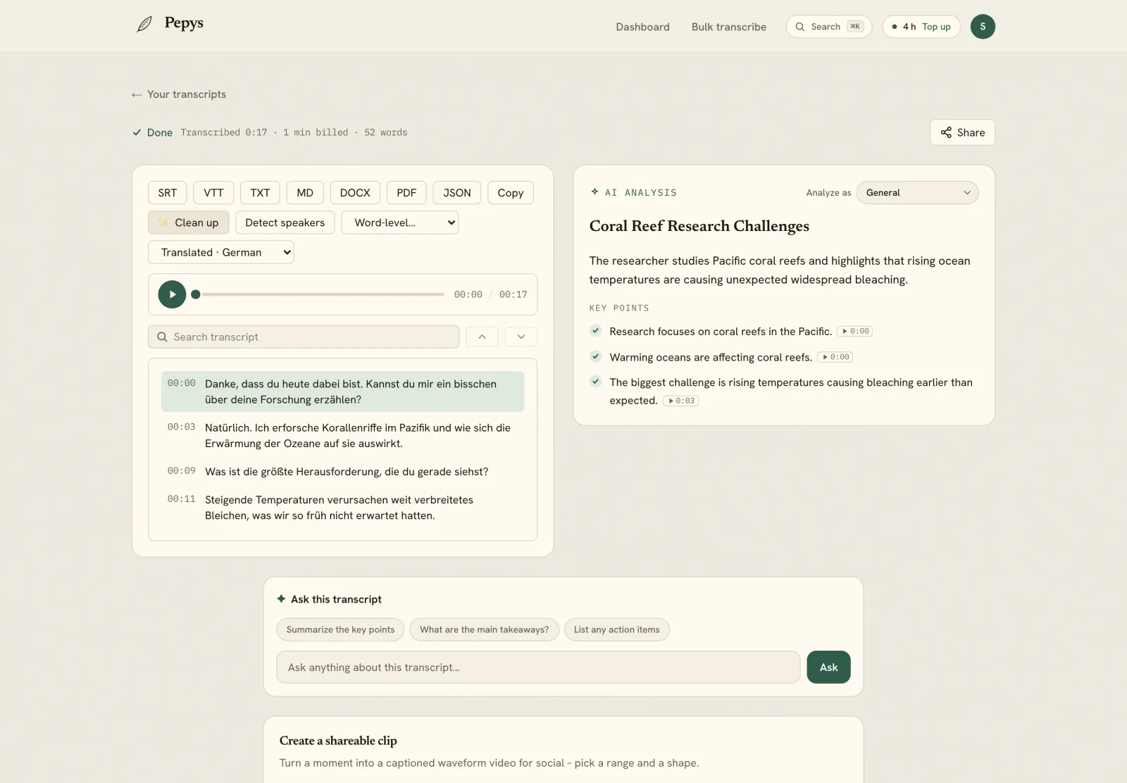 Exporting podcast captions and translating the transcript to another language in Pepys